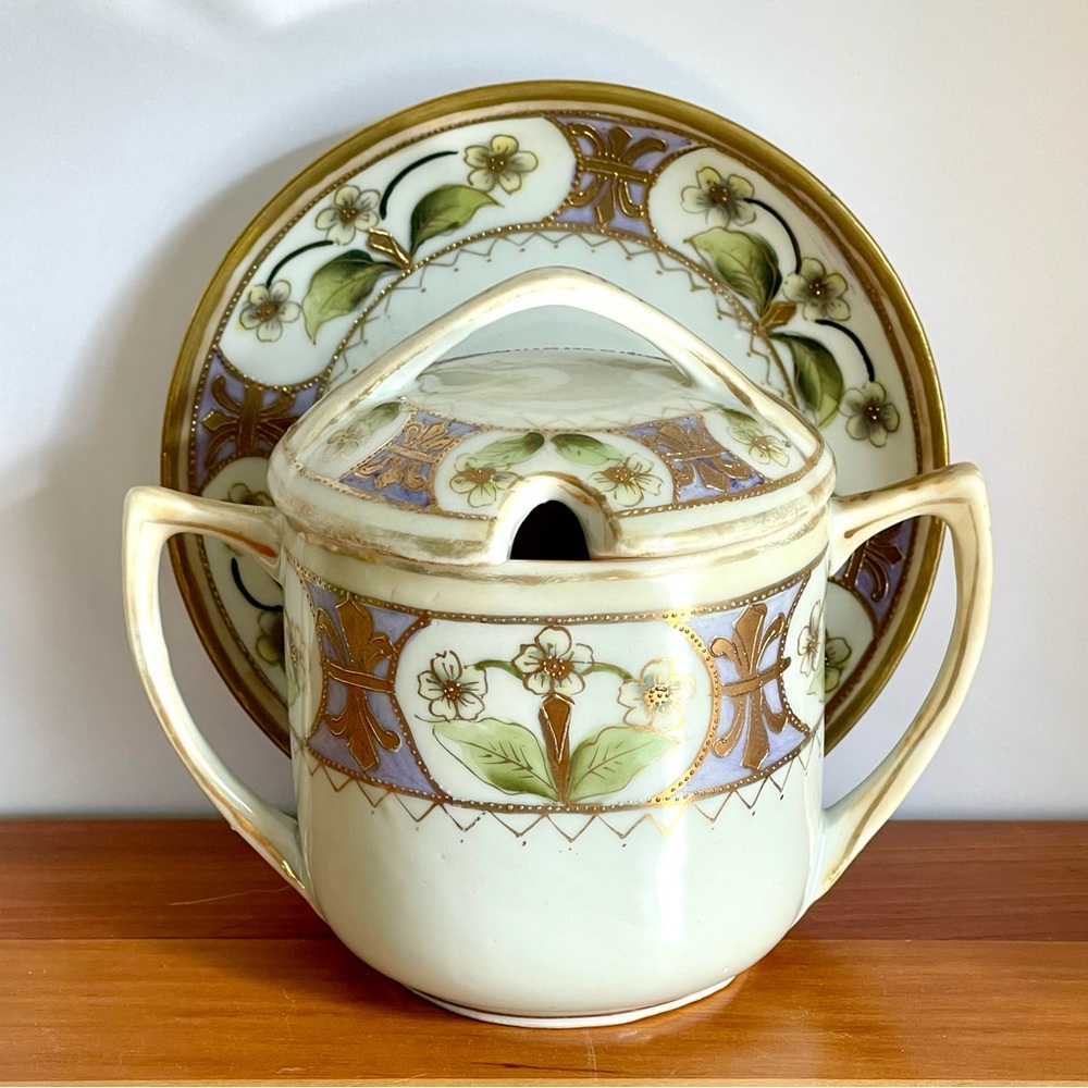 Antique Nippon Porcelain Mustard Condiment Jam Jar with Lid and Matching Saucer